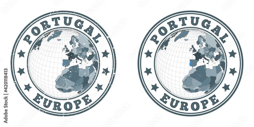 Poster portugal round logos. circular badges of the country with a map of portugal in a world context. plai