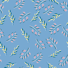 Obraz premium A seamless pattern leaves on a blue background, a vector illustration.