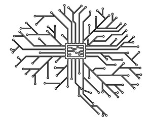 Computer board in the form of a human brain in black with a processor. Editable stroke. Abstract illustration of scientific technology. Isolated on white. Flat style. Vector