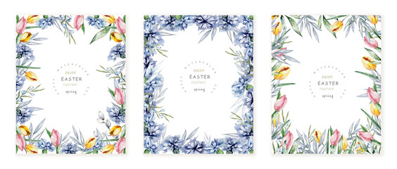 Happy Easter cards with herbal twigs and branches wreath and corners border. Rustic vintage bouquets with fern frons, mistletoe twigs, willow, palm green branches.