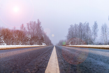 road markings on asphalt in winter