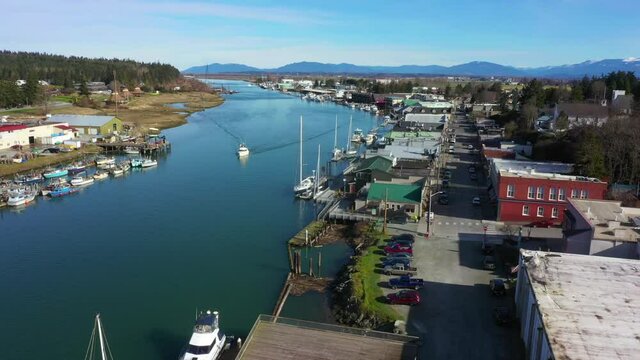 Aerial View of the Popular Tourist Town of La Conner, Washington. Located in the Skagit Valley this town is known for its artisan shopping opportunity and is quit crowded in the summer months.