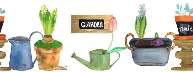 Hand-drawn watercolor seamless border "on a garden shelf" isolated on a white background. Composition with garden tools and bulbous flowers, wooden plate with the inscription garden.
