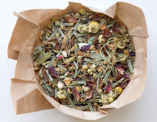 dried herbal tea on the paper sheet