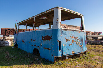 Abandoned old bus. Rusted old blue van. Made in USSR.
