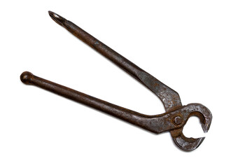 Old rusty pincer pliers isolated on white background.