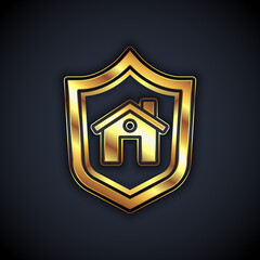 Gold House with shield icon isolated on black background. Insurance concept. Security, safety, protection, protect concept. Vector