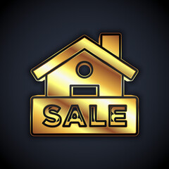 Gold Hanging sign with text Sale icon isolated on black background. Signboard with text Sale. Vector