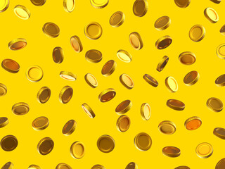 3d falling golden coin on yellow background. Pattern design
