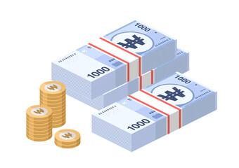 Isometric stacks of South Korean won banknones. Paper money 1000 KRW. Official currency cash. Flat style. Simple minimal design. Vector illustration.