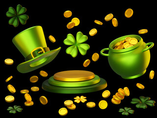 3d illustration of pot of gold, leprechaun hat, four leaf clover with poduim on dark background with golden coin. Saint Patricks Day design for greeting card