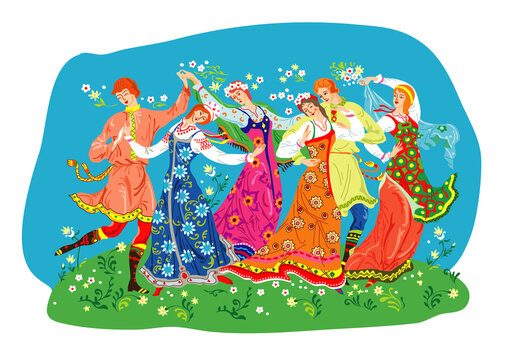 Russian girls and boys dancing in traditional Russian costumes in a forest clearing around flowers in the summer. Russian traditions-round dance.
