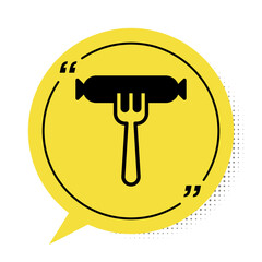 Black Sausage on the fork icon isolated on white background. Grilled sausage and aroma sign. Yellow speech bubble symbol. Vector
