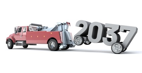 3D illustration of truck towing the number 2037 with wheels