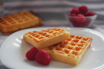 macro photography of waffles with strawberries
