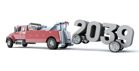 3D illustration of truck towing the number 2039 with wheels