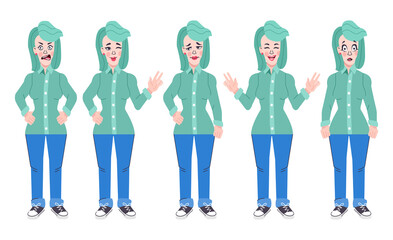 Collection of various poses and emotions of a young woman. Character of girl, Vector illustration in cartoon style