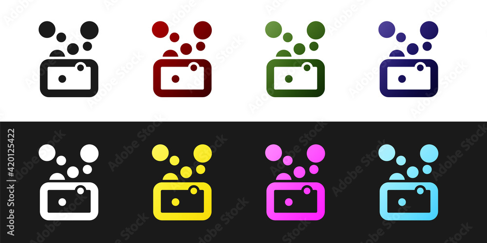Poster set bar of soap icon isolated on black and white background. soap bar with bubbles. vector