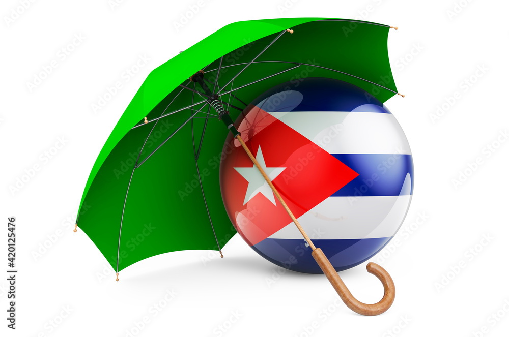 Poster cuban flag under umbrella. protection and security of cuba concept, 3d rendering