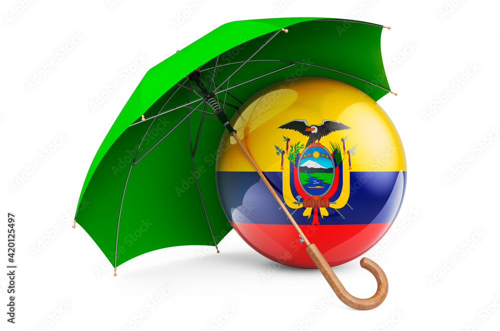 Poster ecuadorian flag under umbrella. protection and security of ecuador concept, 3d rendering