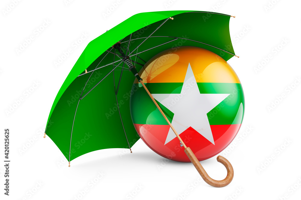 Poster myanmar flag under umbrella. protection and security of myanmar concept, 3d rendering