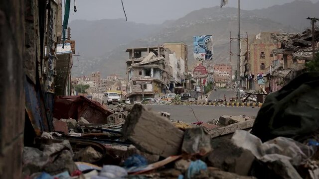 A residential neighborhood destroyed due to the war in Yemen, Taiz