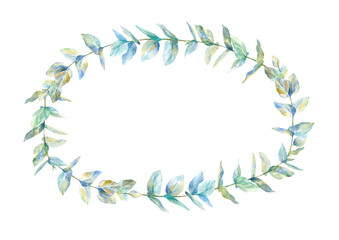 Floral wreath.Garland of a eucalyptus branches.Frame of a herbs.Watercolor hand drawn illustration.It can be used for greeting cards, posters, wedding cards.	
