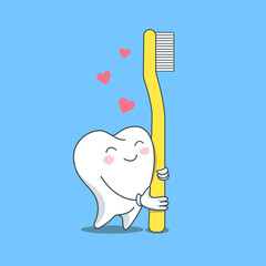 Vector illustration of white healthy and happy tooth with pink hearts above it  hugs a yellow toothbrush. Funny cute cartoon character about oral hygiene. Taking care of teeth concept. Kawaii  style.