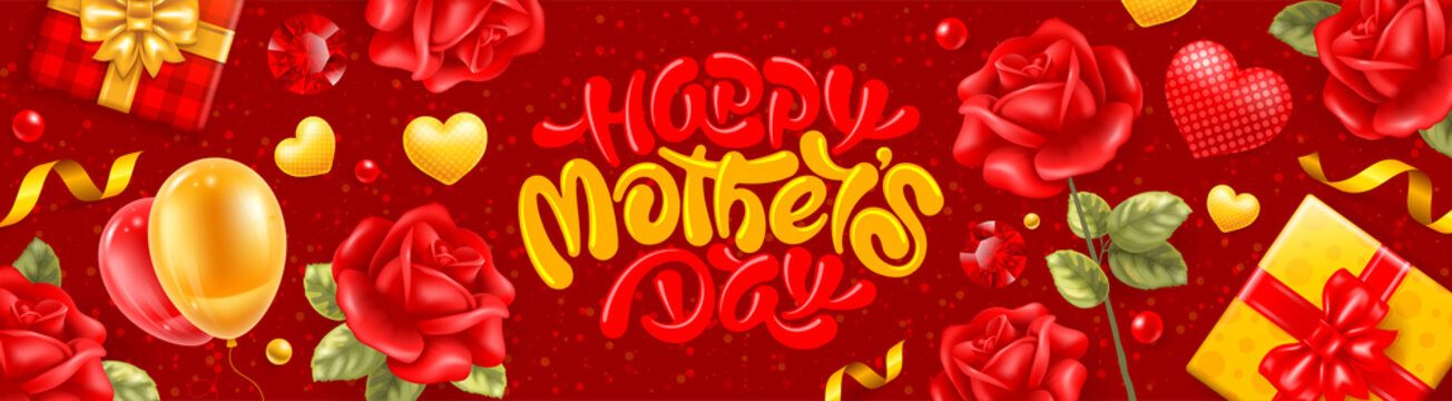 Happy Mother's Day banner template with calligraphy lettering, painted by brush, red rose flowers, gift boxes, golden ribbons and gems. Red background with holiday subjects. Vector illustration.