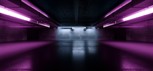 Dark Underground Hangar Garage Warehouse Concrete Asphalt Cement Glossy Industrial Tunnel Corridor Neon Purple Sci Fi Empty Showroom Parking Cyber 3D Rendering