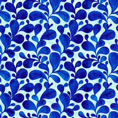 Seamless pattern with blue stylized leaves. Watercolor hand drawn illustration.