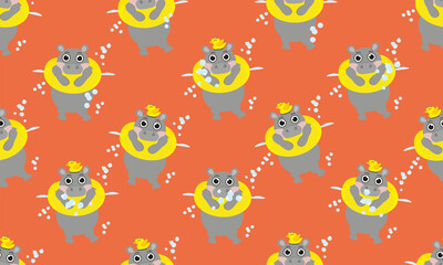 Seamless pattern with hippopotamus and duck. Vector illustration of a cute pond dweller. Swims in a circle, and a yellow bird sits on his head. Surface design in childish style for baby clothes 