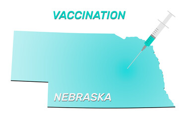 Vaccination of Nebraska. Coronavirus vaccine concept, syringe of vaccine and needle planting on Nebraska map. Vector illustration of a syringe with map and vaccine.