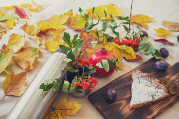 autumn still life with yellow leaves and fruits