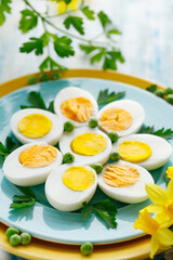 Halves of boiled eggs on a blue plate close up view. Easter, a healthy snack