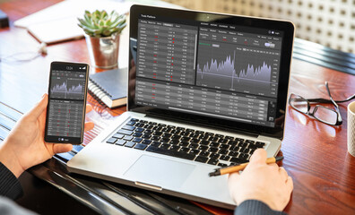 Fototapeta premium Trade platform, forex trading. Stock exchange market analysis on laptop screen