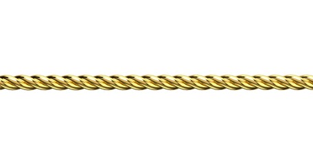 Golden rope. Pigtail. Metal rope. Golden wire rope or golden sling. Use for industrial or jewelry background. Hawser closeup on white background. 3D illustration.