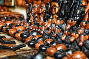Wooden monkey, hippo and other handicraft sculptures. African culture