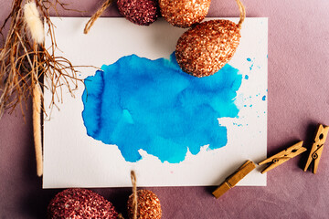 Mock up, Farbklecks türkis, Aquarell Osterei Ostern, orange, rot, gold, easter egg, easter, splash...