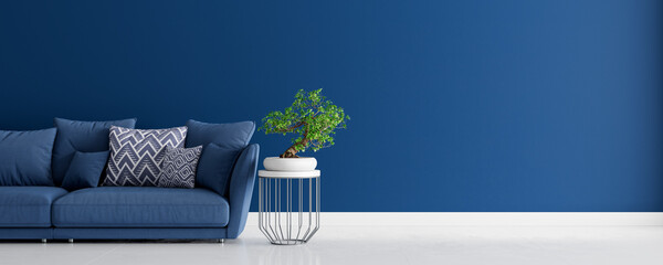 Mock up Living room interior design with blue sofa, empty blue wall with free space on right 3D render 3D illustration