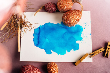 Mock up, Farbklecks türkis, Aquarell Osterei Ostern, orange, rot, gold, easter egg, easter, splash...