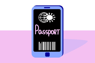 passport of immunity in a phone on white and pink background