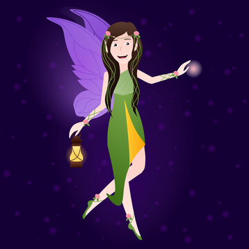 Little forest fairy holding latern, cartoon character on dark background, magical creature, fantasy world