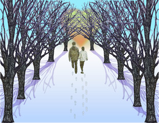 Couple walking on tree lined path into the sunset in winter