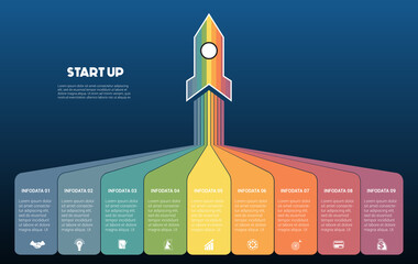 Startup infographic data template. 9 positions. Blue background. Launching rocket and colorful stripes with place for text - 420133460