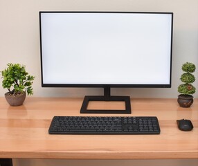Blank white screen monitor, modern office desk, mock up screen