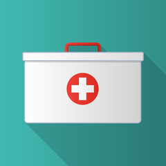 First aid kit. White box isolated on blue-green background. Vector illustration.