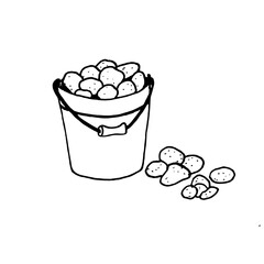 A metal bucket filled with potatoes. Storage of seasonal vegetables. The harvested crop, a bunch of tubers of the plant.  Flat vector illustration in doodle style