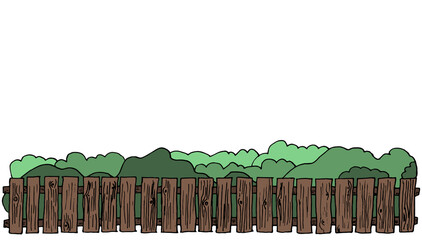 Solid wooden fence on the background of the garden and shrubs. Vector cartoon illustration.