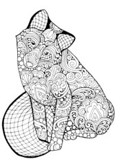 Black and white fox coloring page, postcard, illustration, post card, greeting card hand drawn sketch isolated vector illustration anti stress freehand sketch drawing with doodle and zentangle element